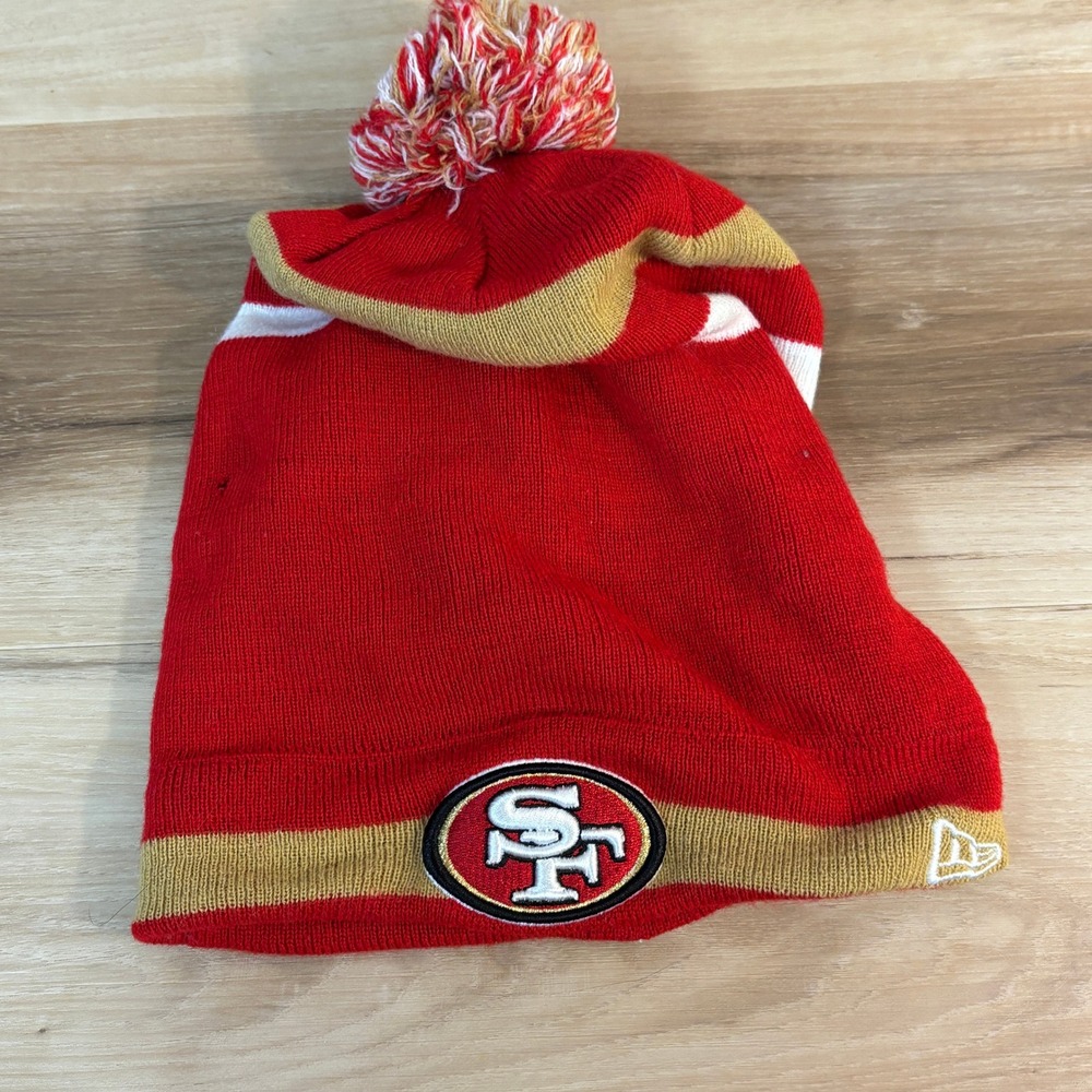 San Francisco 49ers NFL Youth Knit Beanie Hat Pom Pom New Era Red Gold